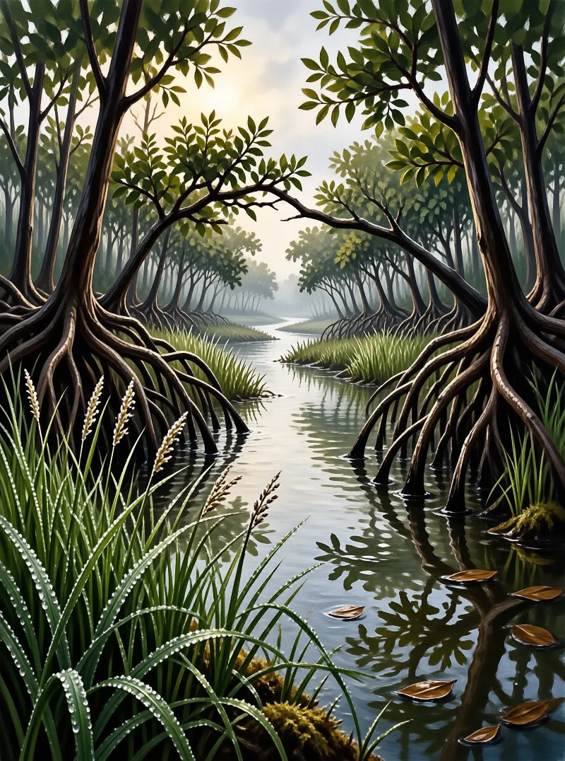 Gnarled tree roots emerge from water along a calm river winding into a misty forest under soft morning light.