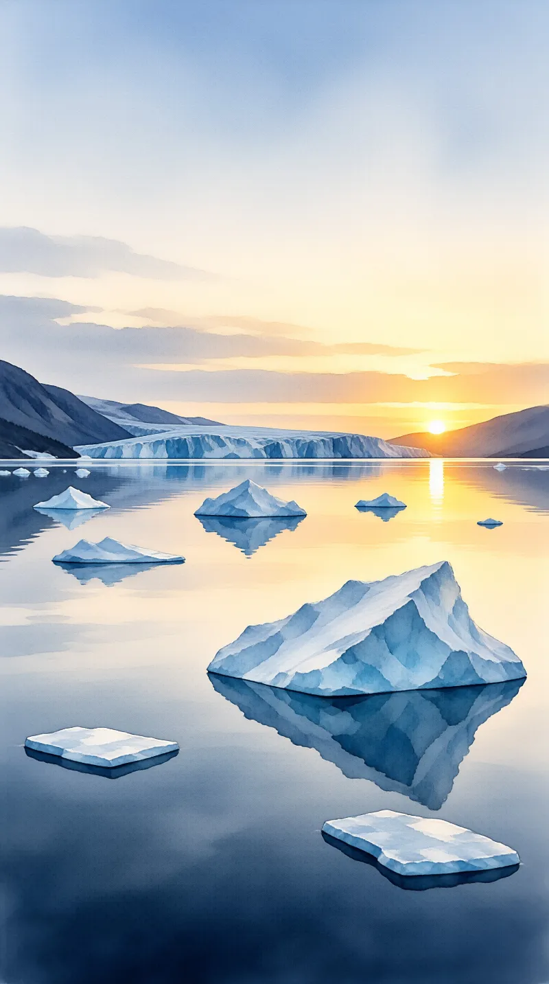 Multiple pieces of blue ice drift across a calm lake while a distant glacier wall glows under the warm light of a setting sun.