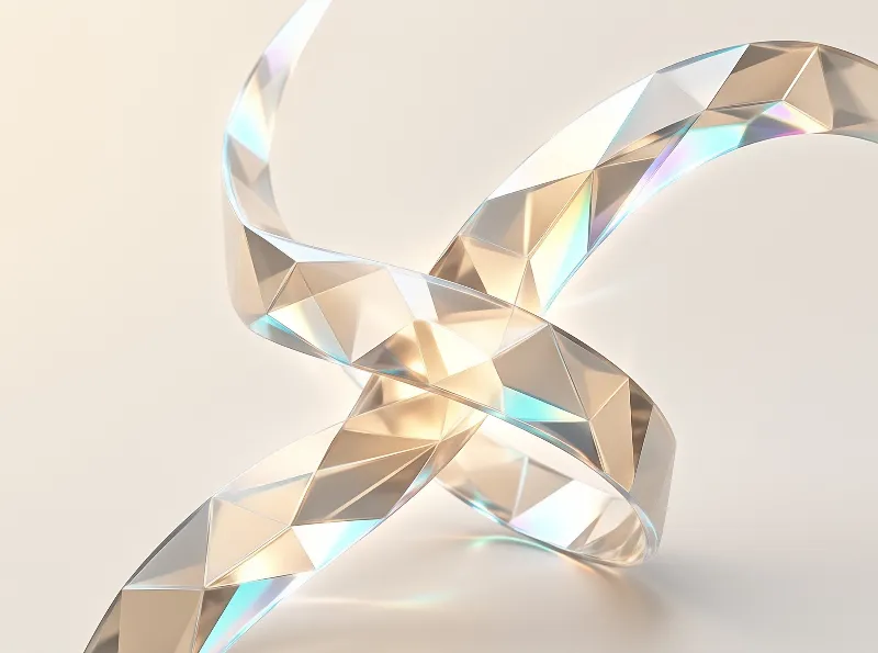 A faceted metallic ribbon loops across a beige surface while refracting soft iridescent light.