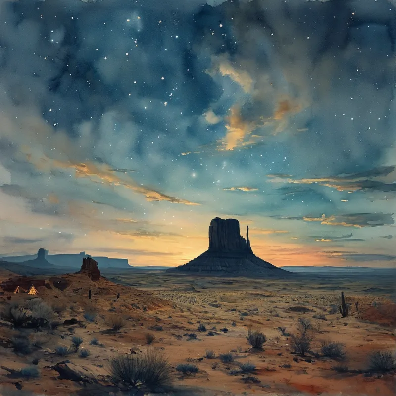 Watercolor desert valley at dusk where a lone sandstone butte rises beneath a star-filled sky and glowing horizon.