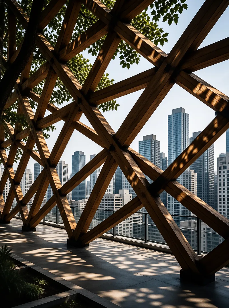 Angled wooden beams form a diamond lattice around a shaded terrace, with glass high-rises visible through the gaps.
