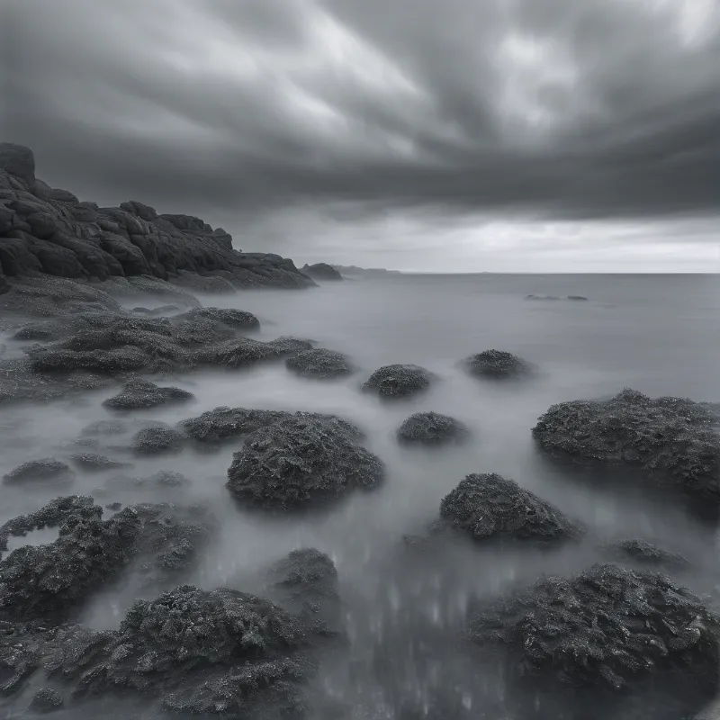 Long exposure turns a rocky shore into silky mist, with mossy boulders in black and white.