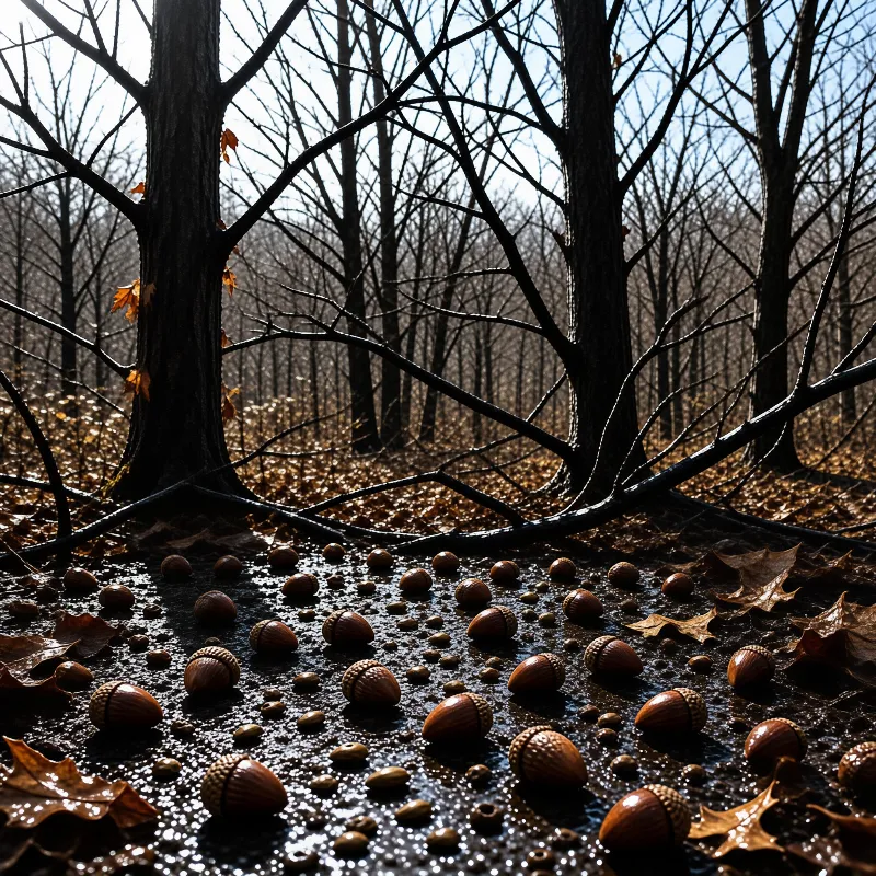 Dozens of glossy brown acorns dot a damp leaf-strewn ground beneath bare winter trees and a few clinging orange leaves.