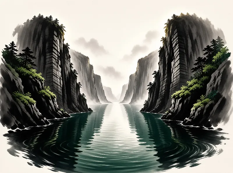 Towering rocky walls enclose calm waters under soft morning light.