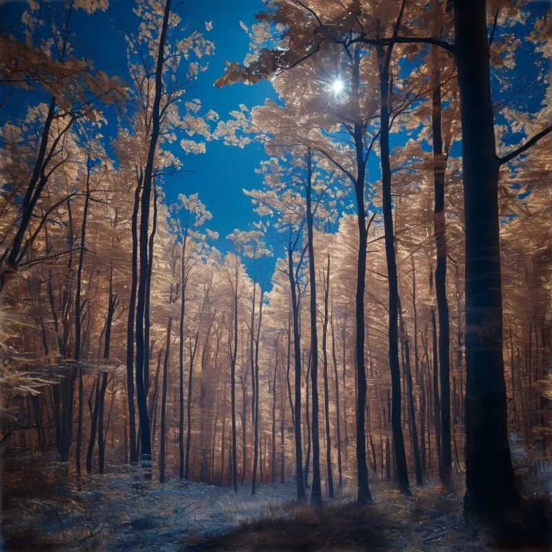 Frosty tall pine trees fill a forest, bright sun shines through their branches against a clear blue sky