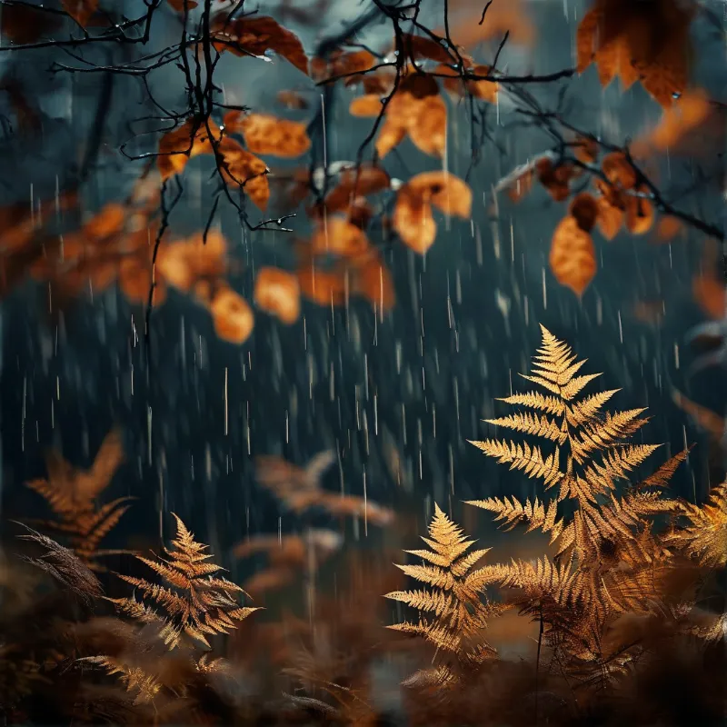 Orange ferns and hanging leaves contrast with a dark background while vertical rain streaks fall through the branches.