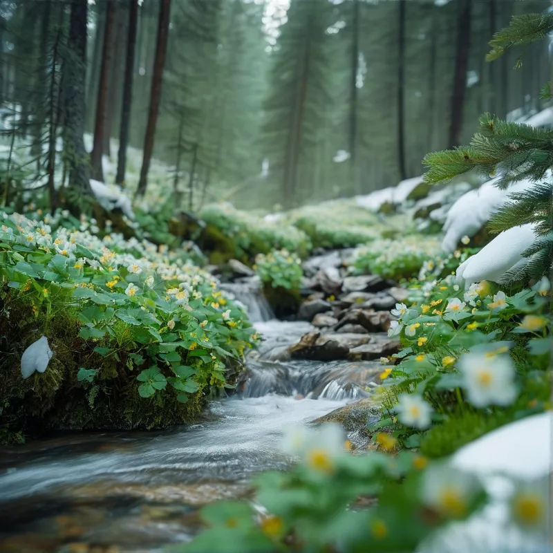 A shallow stream flows over rocks through a coniferous forest where patches of snow remain on the ground alongside clusters of white wildflowers with yellow centers growing among green moss and ferns under soft diffused light.