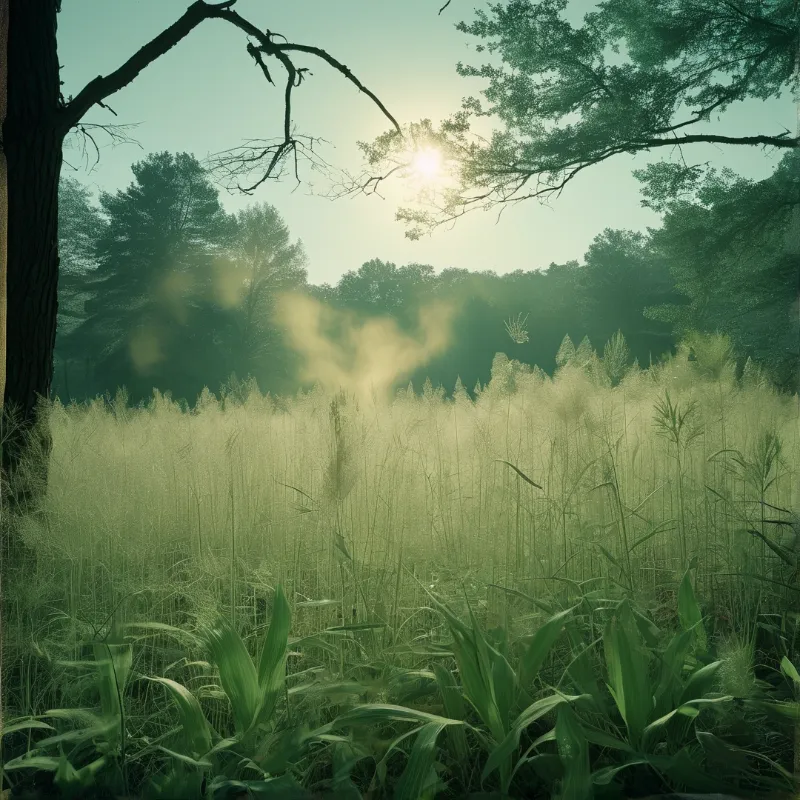 Morning sunlight filters through tree branches over a meadow of tall grass and ferns, creating a luminous forest scene.
