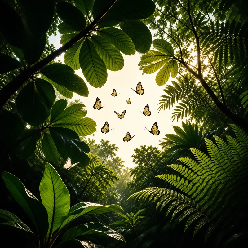 Yellow butterflies fly upward through a dense green jungle canopy illuminated by bright sunlight streaming from above.