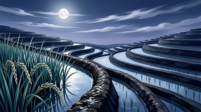 Illustration of blue toned rice terraces at night with water reflecting a bright full moon.