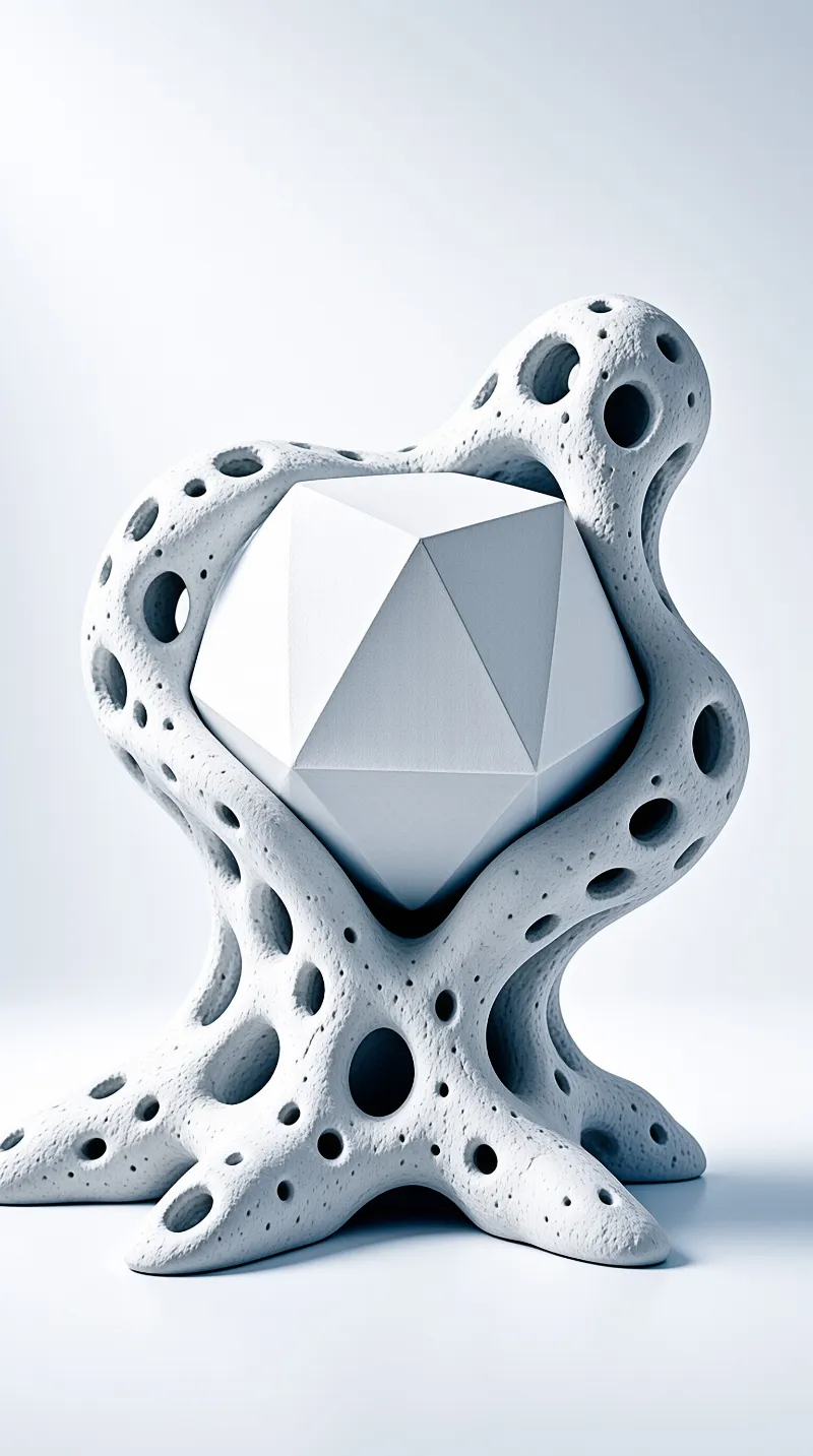 A white porous coral-like sculpture with circular holes cradles a white multifaceted polyhedron in bright studio light.