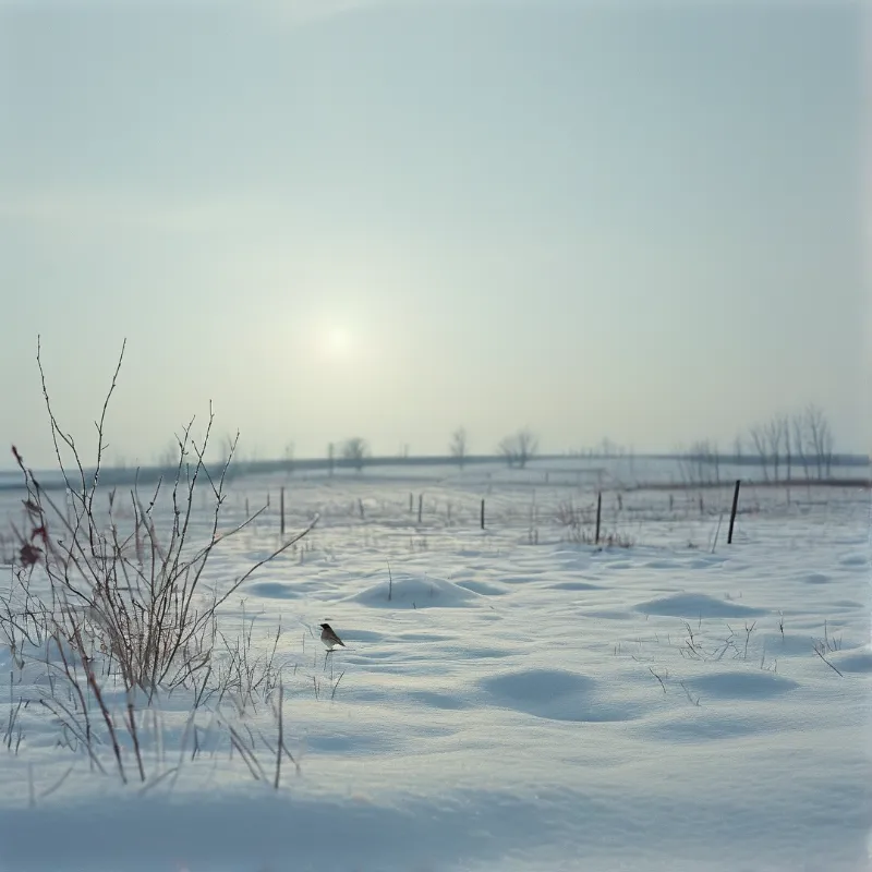 A small bird stands on a snowy field near bare bushes under a pale winter sky.