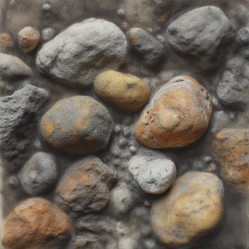 Close up view of assorted wet stones and pebbles scattered across a muddy surface under soft lighting.