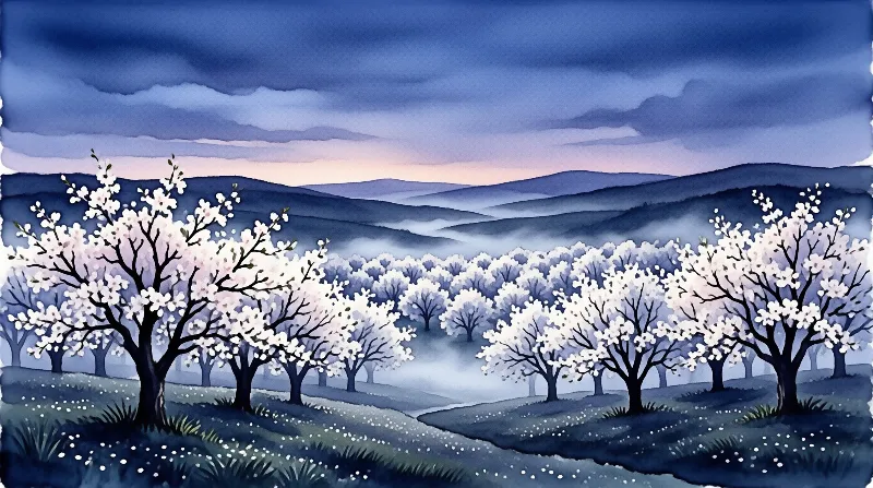 White flowering trees line a blue valley beneath rolling hills and a cloudy evening sky in a painted landscape.