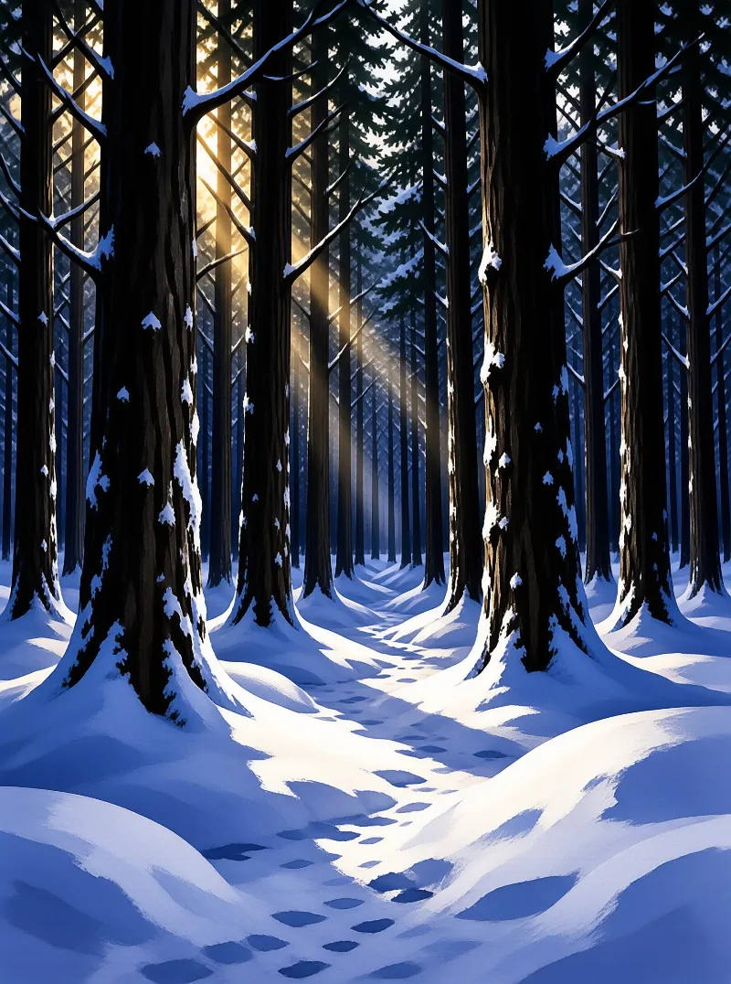 Tall trees stand in a snowy forest with golden sunlight streaming through branches and footprints leading down the path.