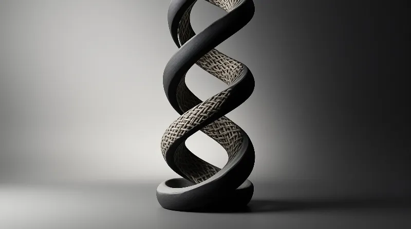 A dark spiraling column wrapped in a pale woven band rises against a smooth gradient studio background.