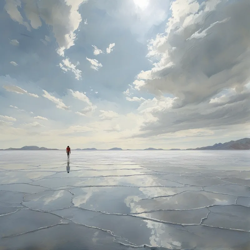 A solitary person in an orange jacket walks across a cracked salt flat that mirrors the bright cloudy sky above.