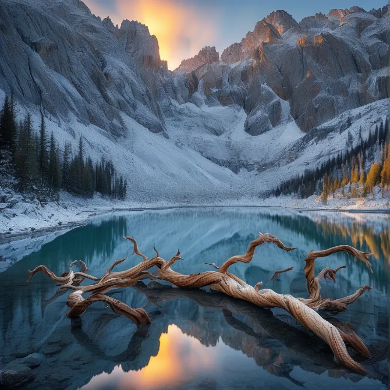 Twisted pale wood rests in a blue alpine lake as golden sunlight hits the snowy mountain peaks and reflections.