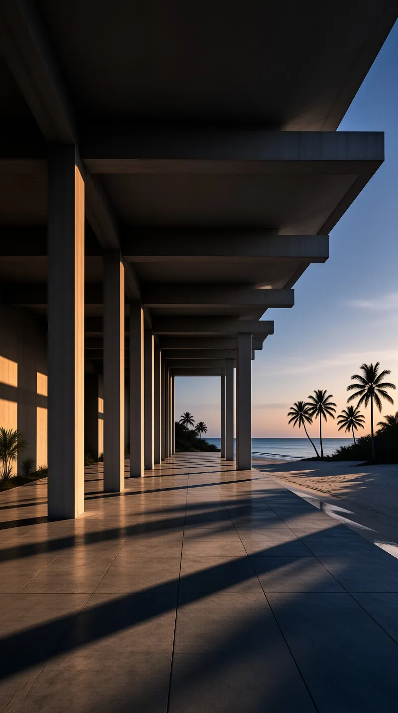 A long concrete colonnade stretches toward a calm sea as low sun warms the pillars and palm silhouettes against a dusk sky.