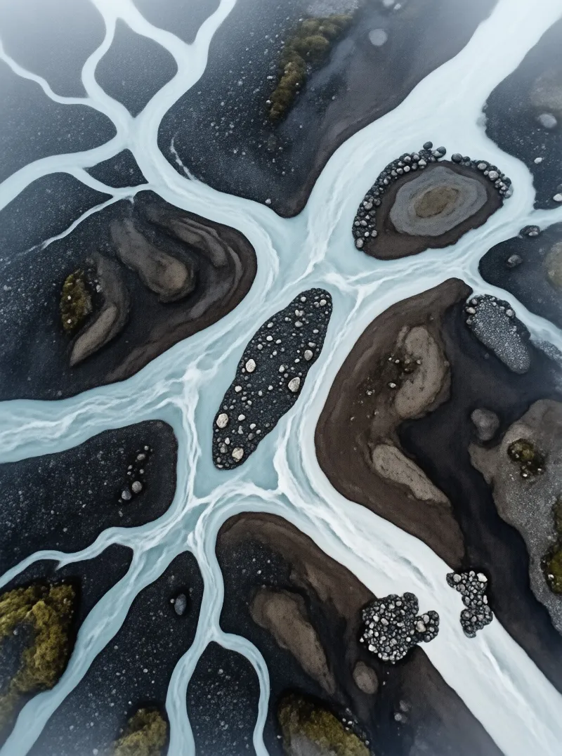 An aerial view shows a milky blue glacial river winding through dark volcanic terrain scattered with pebbles.