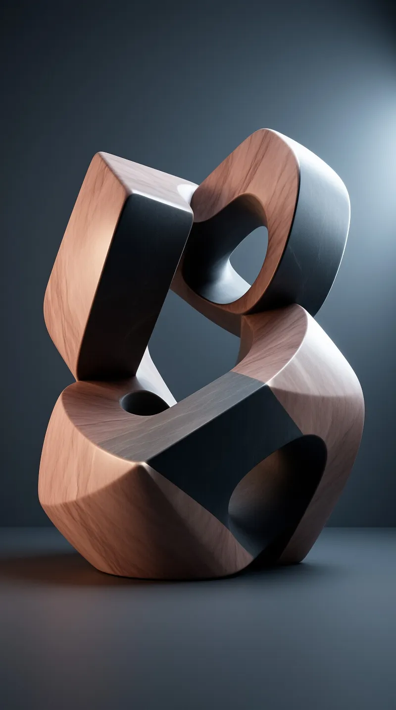 Wooden sculpture with interlocking forms and dark accents on a dark grey surface under directional light.
