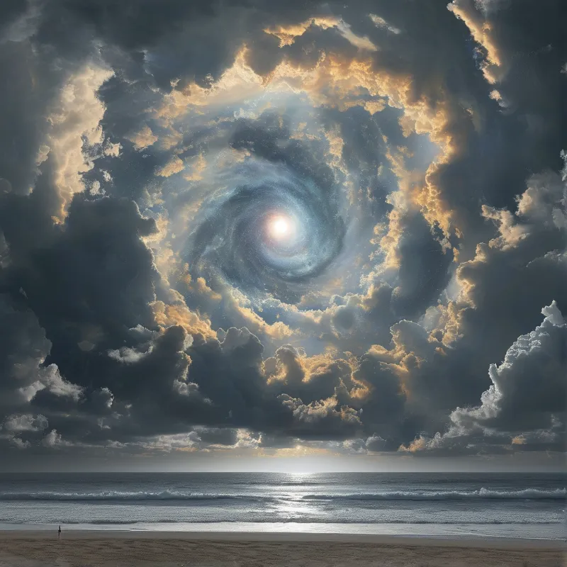 A massive spiral galaxy swirls through golden clouds above a dark ocean horizon where waves meet a sandy beach.