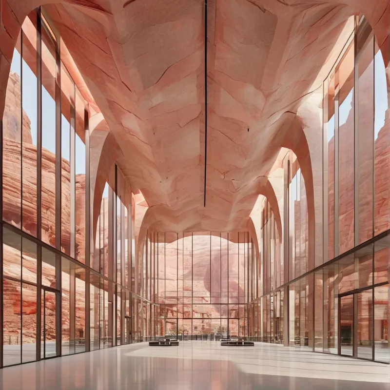 A spacious interior corridor features undulating pink ceilings and floor to ceiling glass walls that reveal massive red rock formations outside bathed in bright natural sunlight.