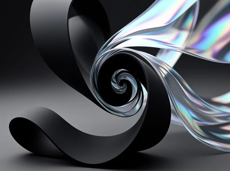 A glossy black ribbon curves around a central spiral while iridescent surfaces catch prismatic light in a dark composition.