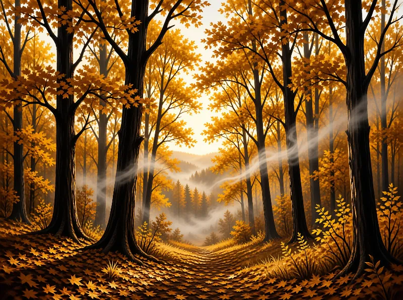 A winding trail through a dense woodland filled with bright yellow foliage and drifting fog.