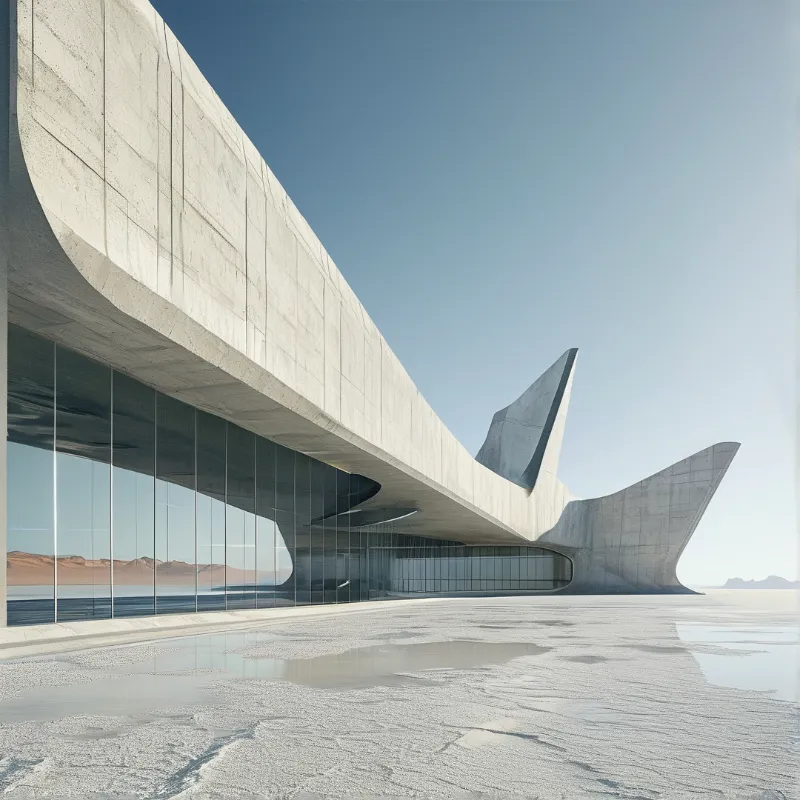 Sculpted concrete pavilion on a wide salt flat under a clear pale blue sky, glass facades reflect distant desert dunes.