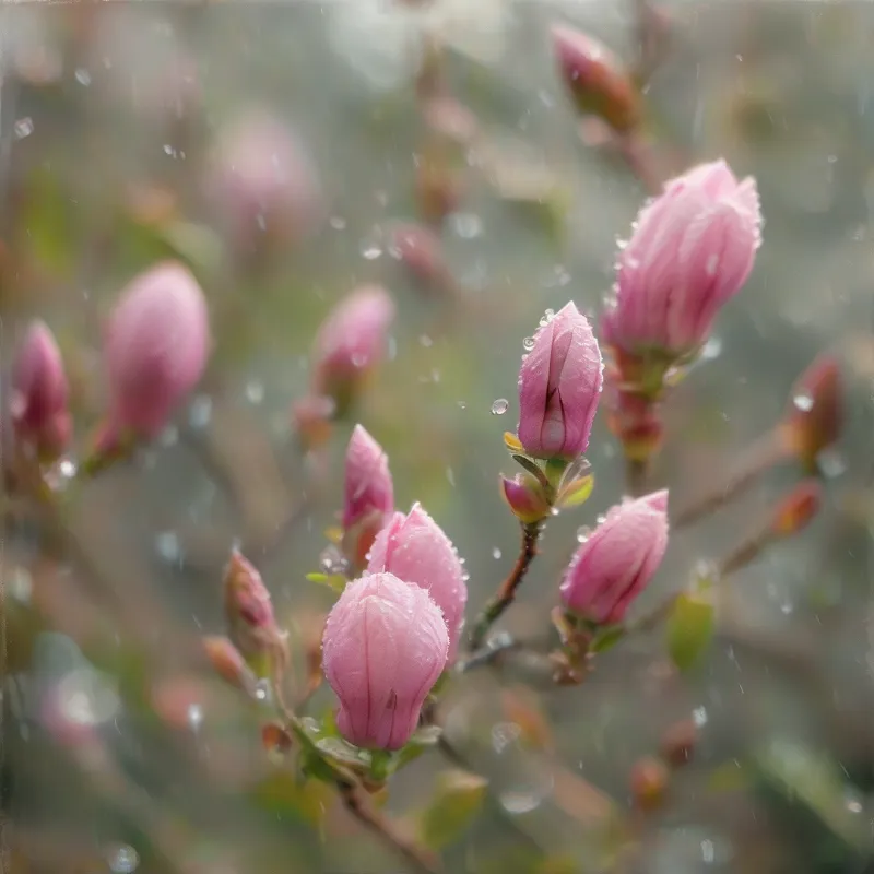 Delicate pink azalea flower buds covered in raindrops sit on thin branches against a blurred green background.