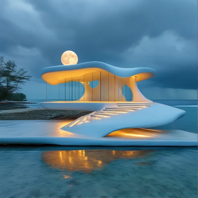 Curvilinear white building on water glows warmly under a bright moon during a dark blue evening with reflections below.