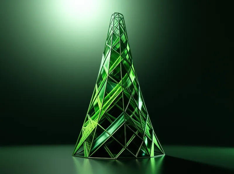 A translucent emerald cone of stained glass panels glows beneath a bright lamp on a dark stage.