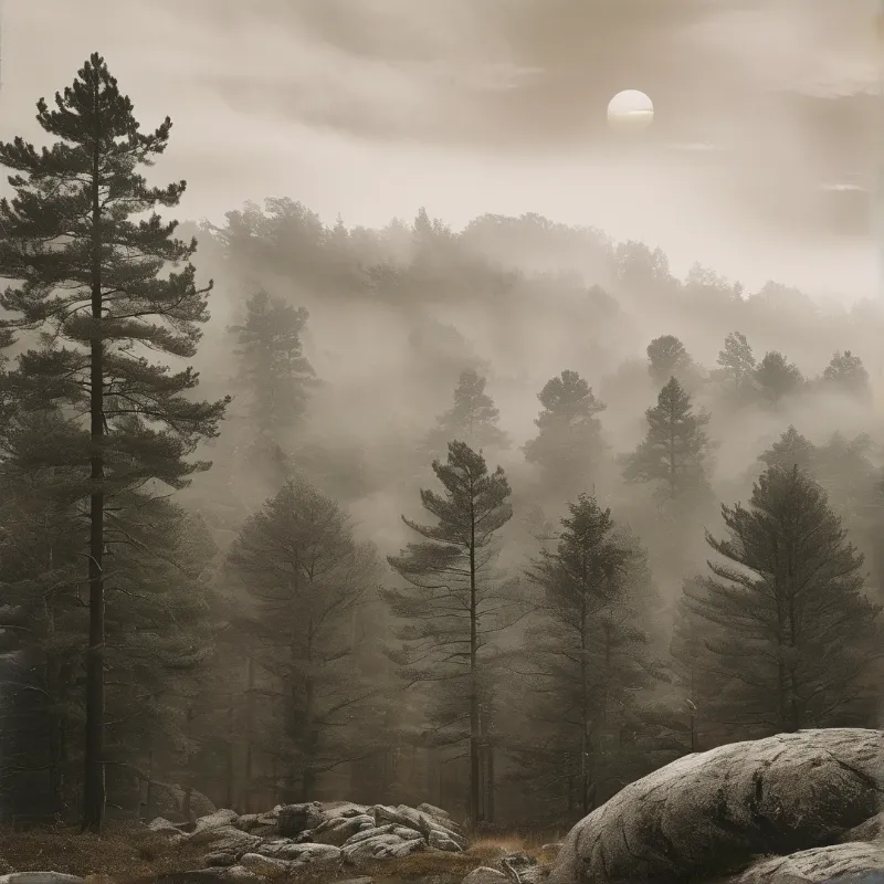 Misty Pine Woodland Landscape