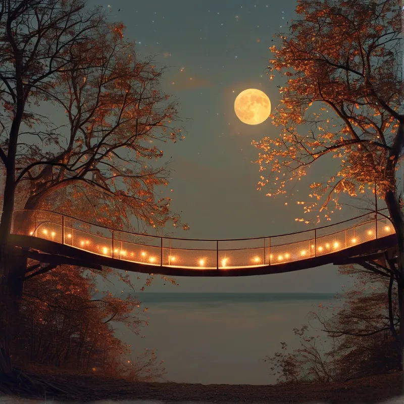 A curved lit footbridge stretches between two glowing autumn trees under a starry sky with a large moon.