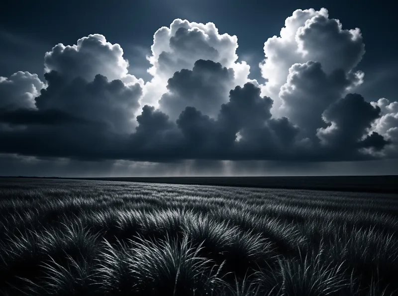 Heavy cumulus towers build over an open grassland rendered in cold silver and charcoal tones.
