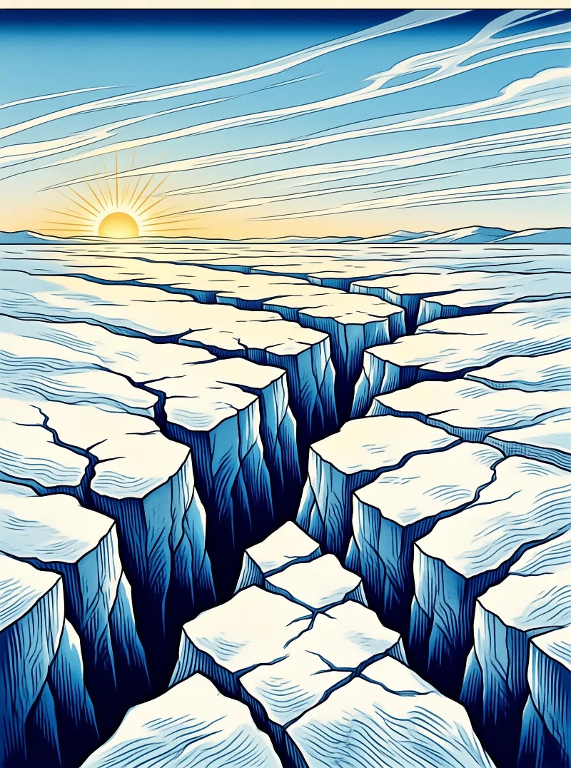 Rising sun hits a cracked white salt flat, deep blue gashes run across it toward low distant mountains under clouds.