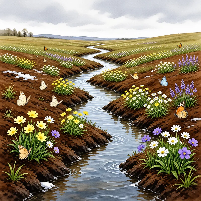 Winding stream cuts through dark earth amidst bright yellow and white flowers with butterflies drifting nearby.