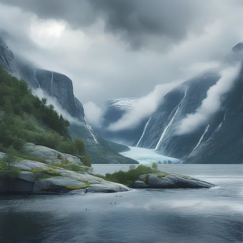 A vast glacial valley features steep rocky walls with flowing waterfalls, dense low clouds, and a calm reflective lake in the foreground.