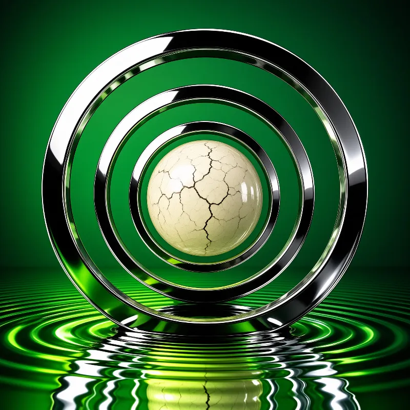 A cream sphere with dark crack lines sits centered within stacked silver rings above a rippling emerald mirror