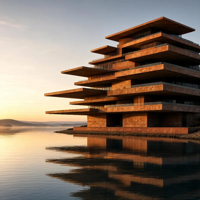 A modern building with layered concrete slabs sits by a calm lake during sunrise, its warm tones reflected in the water.