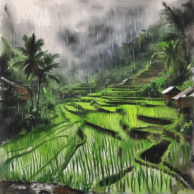 Lush green rice paddies wind through a hilly landscape during a heavy rainstorm with palm trees and rustic huts nearby.