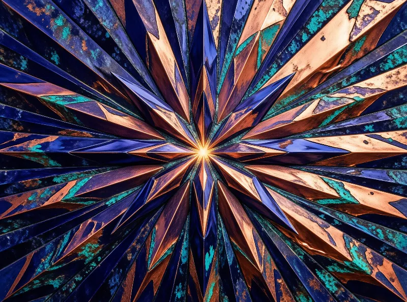 Sharp angular forms radiate from a bright center, displaying warm copper tones mixed with deep blue and green oxidation.