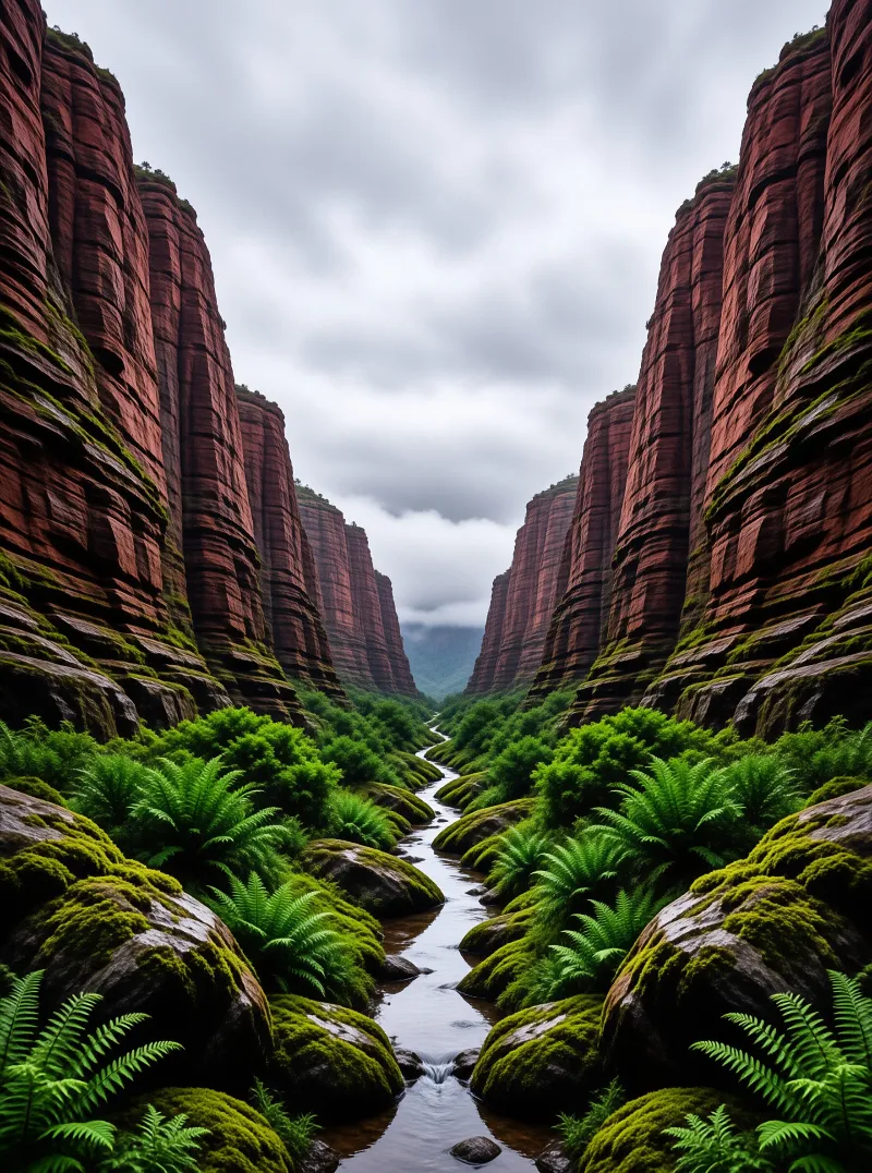 A narrow creek winds through a mossy fern lined gorge between steep layered rust red canyon walls under overcast grey skies.