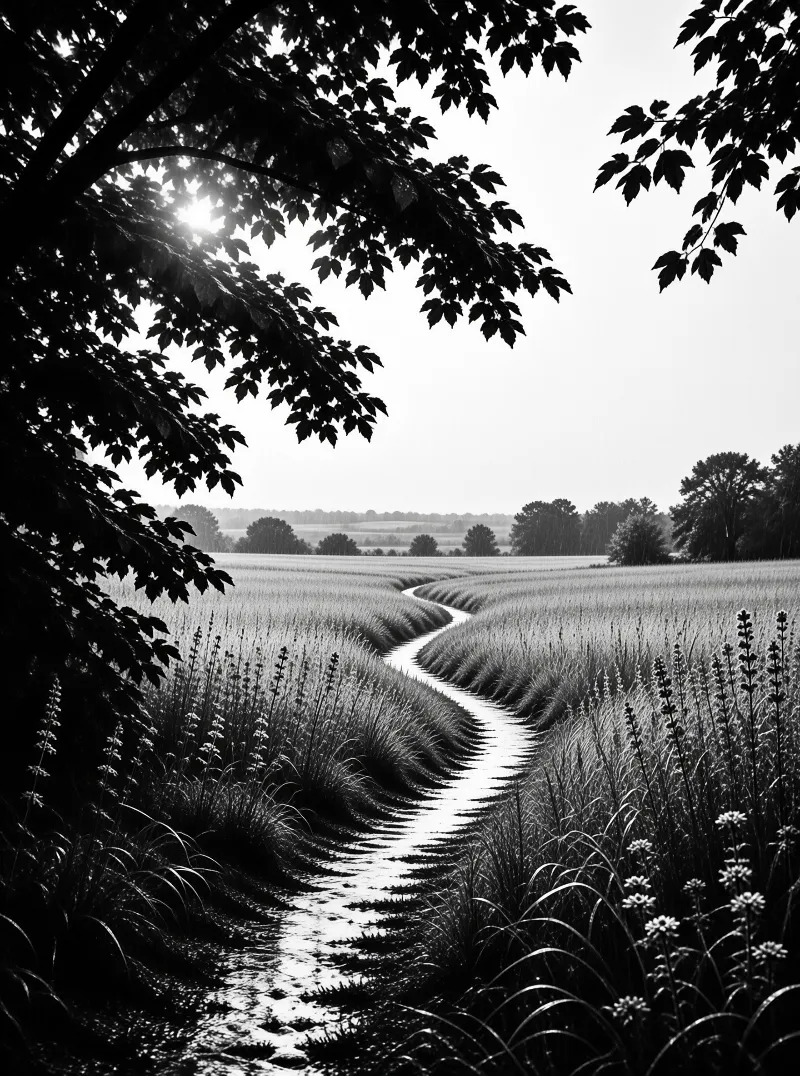 A winding trail cuts through tall grass in a monochrome landscape framed by dark leaves overhead.
