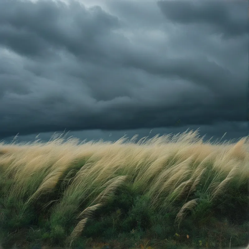 Strong winds bend tall golden grass under a heavy overcast sky filled with dark storm clouds.