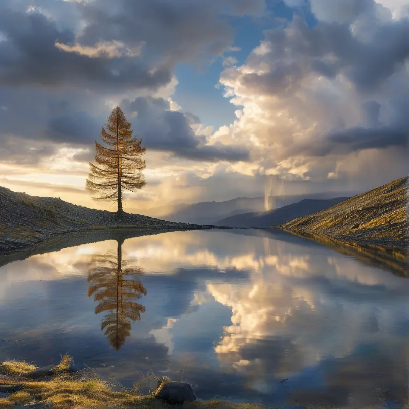 A tall rocky mountain peak stands against a vibrant orange sky while its silhouette reflects clearly in the still water below.