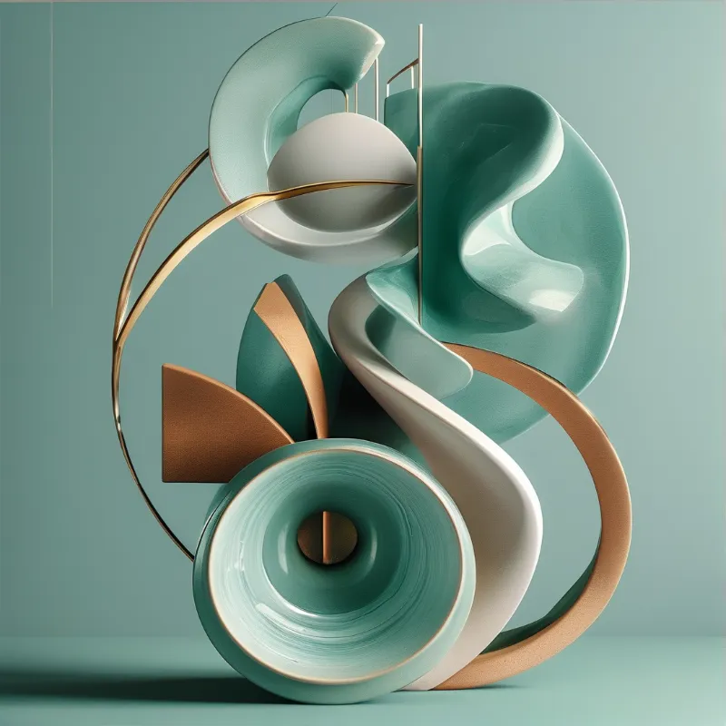 A 3D abstract composition featuring smooth turquoise shapes interwoven with thin gold metallic strips against a matching teal background.