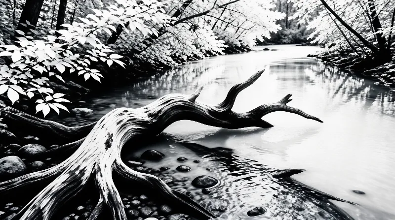 A gnarled pale tree limb curves above a calm forest stream, framed by soft foliage and smooth stones in monochrome.