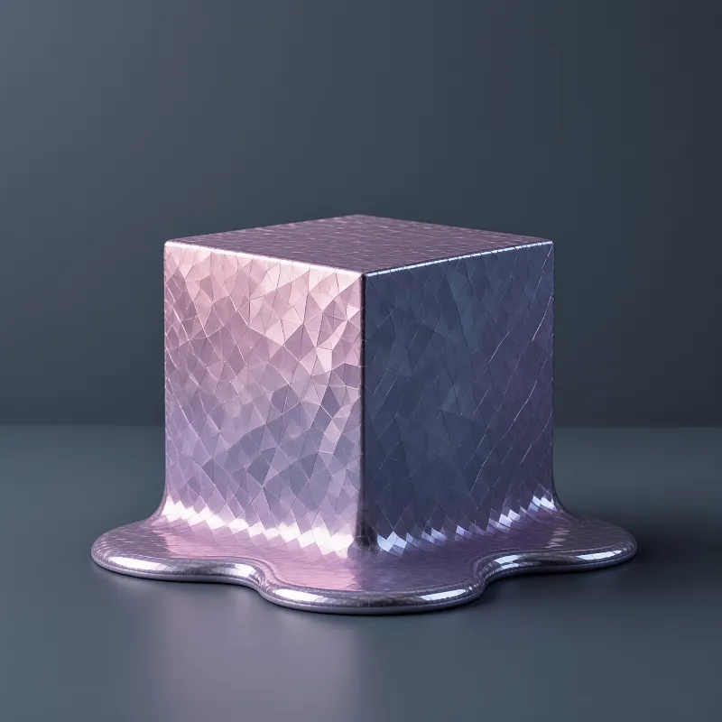 A shiny geometric object flows like liquid metal onto a dark studio floor with reflective surfaces.